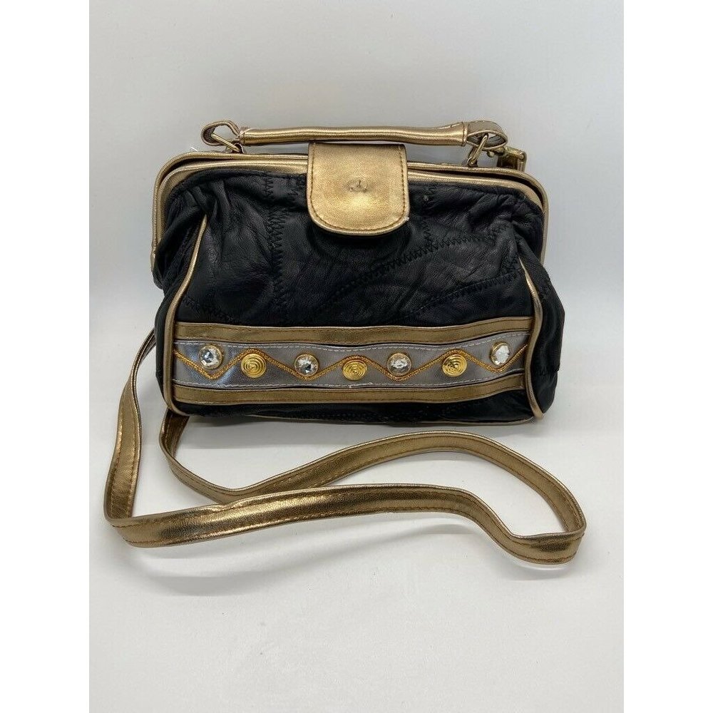 Milano Womens Crossbody Bag Black Gold Leather